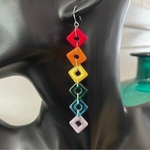 2/$29 Handmade Long Rainbow Glass Geometric Earrings 3.75” NWT LGBTQ+